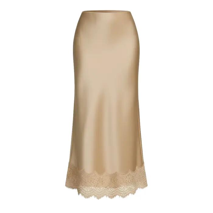 Jupe en satin et dentelle 2026, taille haute élastique, élégante et ajustée aux hanches