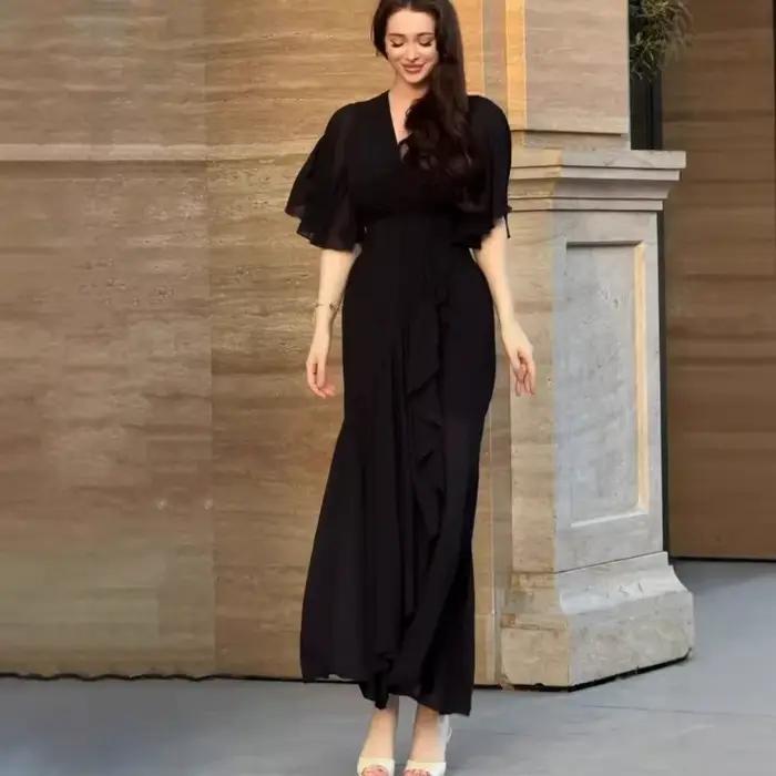 Robe longue unie pour femme, manches évasées, coupe trapèze, décontractée, à volants, longueur midi,