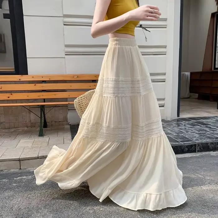 105cm Maxi jupes longues femmes printemps été jupes blanches Goth mignon taille haute évider épissur