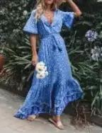 Robes Maxi en Coton Bleu Rayonne pour Femmes, Imprimé Floral, Sexy, V Profond, Boho, Été, Ample, Hip