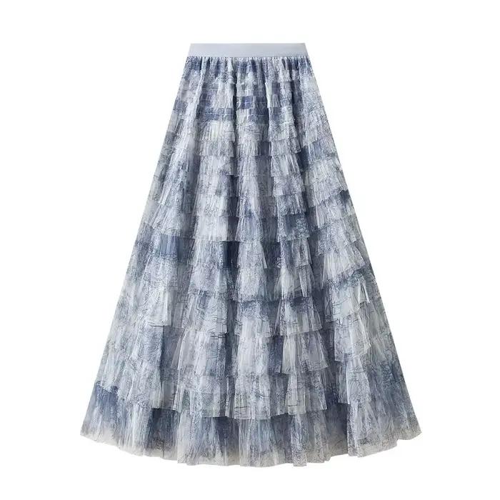 Jupe longue femme 2026 chic taille haute coupe trapèze en maille tie-dye avec patchwork et volants e