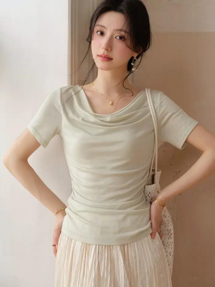 Ensemble jupe et t-shirt drapé pour femme, haut à manches courtes ajusté, jupe longue trapèze, tenue