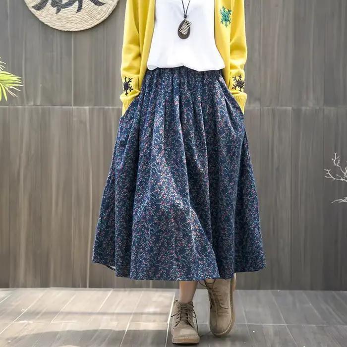 Jupe longue en coton et lin pour femme, style artistique, taille élastique, ligne A, décontractée, f