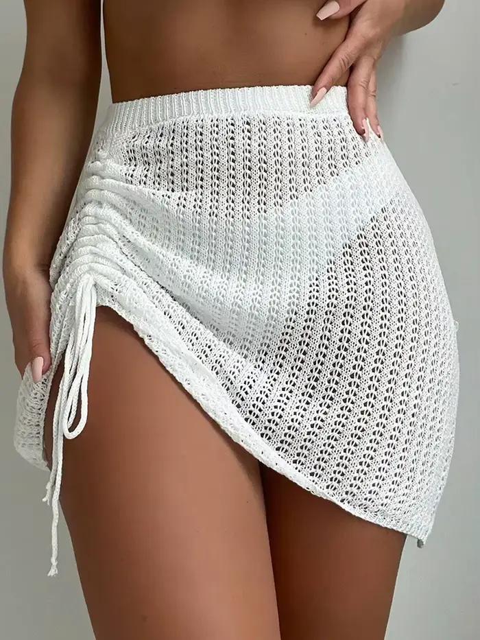 Jupe portefeuille blanche en maille ajourée pour femme, taille haute, tenue de plage décontractée, p
