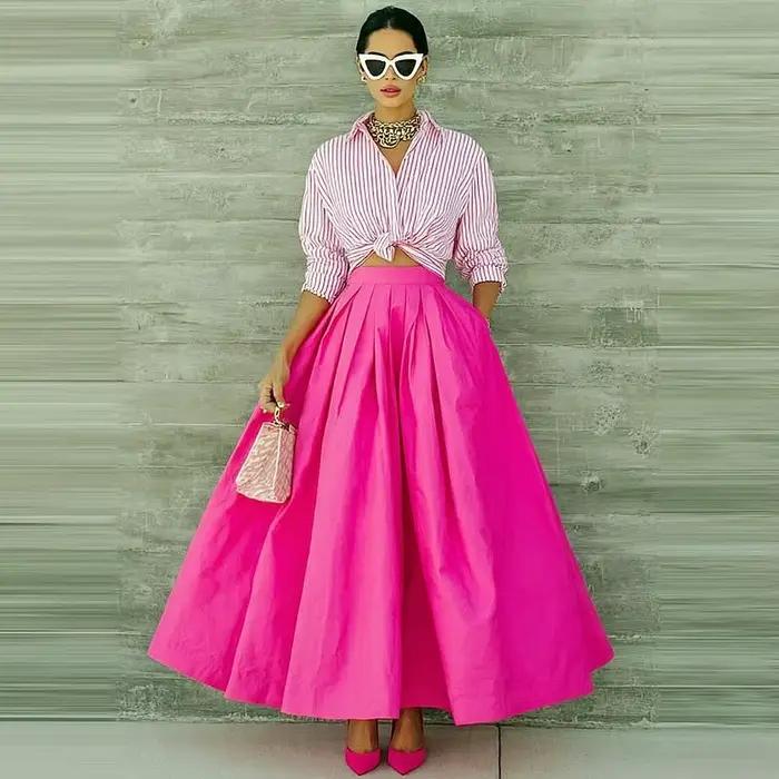 Jupe longue maxi fuchsia pour femme, sans haut, avec grand ourlet, en satin, pour soirée, fête ou an