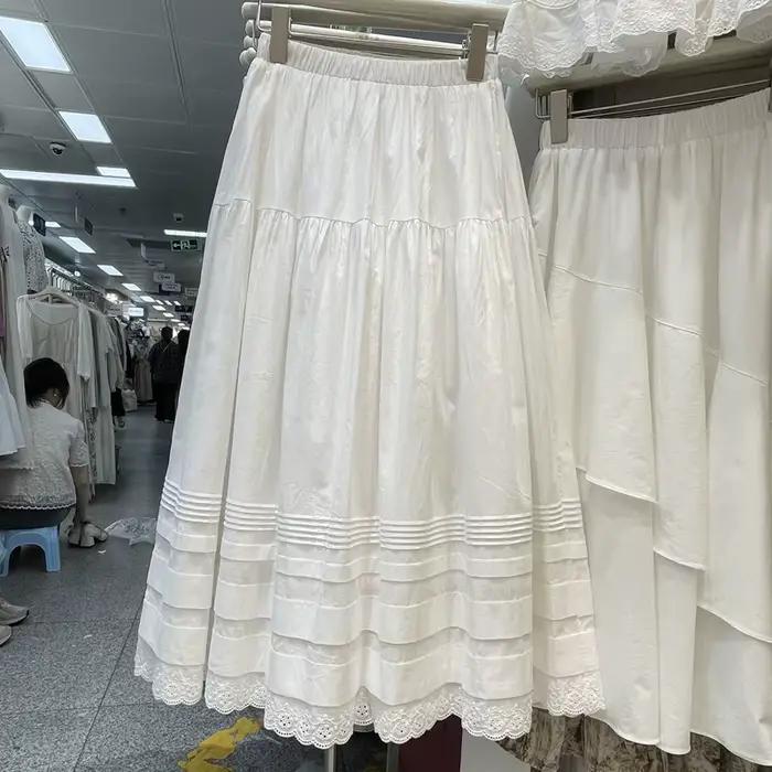 Jupe en dentelle épissée tempérament français, printemps, été, nouveau, élastique, taille haute, ami