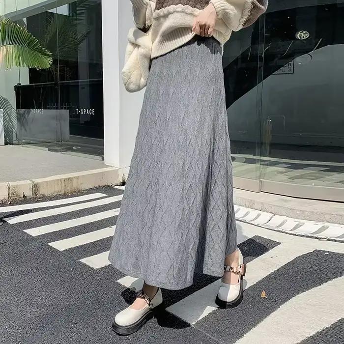 Jupes tricotées chaudes 2026 pour femmes, jupe longue taille haute, jupe moulante élégante coréenne 