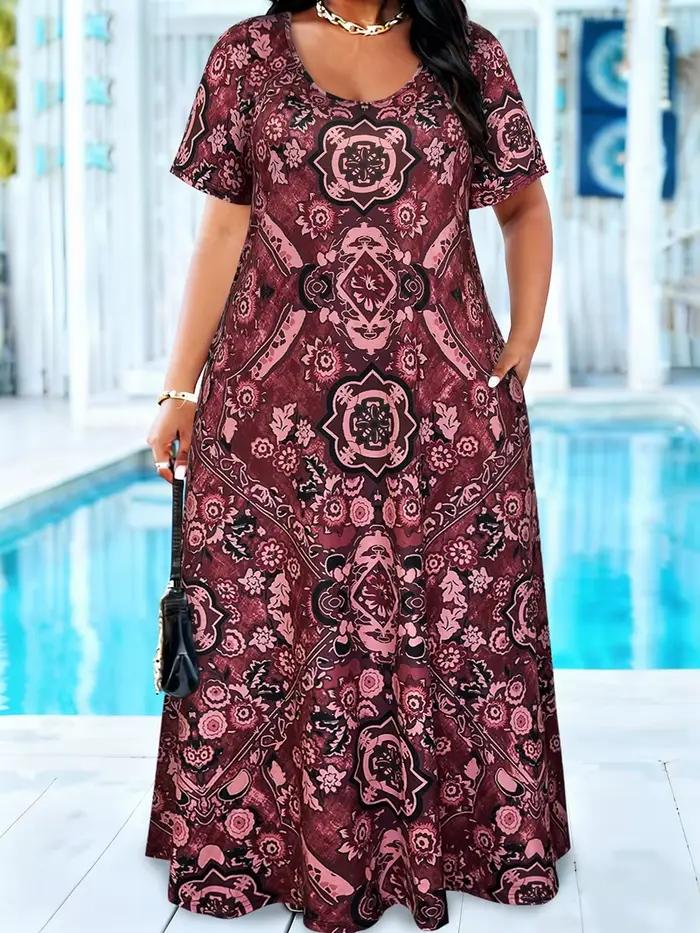 Robe longue pour femmes grande taille, style bohème, imprimé géométrique floral, col en U, manches c