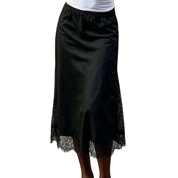 Jupe midi en satin pour femme, élégante, couleur unie, avec bordure en dentelle, coupe ample, longue