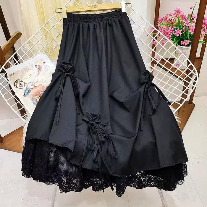 Jupe japonaise style loli, jupe sombre taille haute avec nœud, dentelle à motifs complexes, jupe mi-