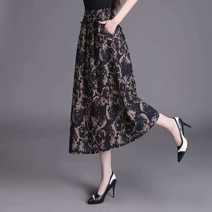 Jupe midi bohème pour femme, imprimée, taille haute élastique, coupe trapèze fluide, décontractée, p