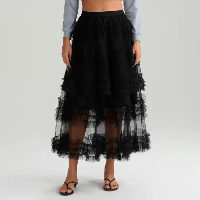 Jupe trapèze longue en tulle pour femme, taille haute, maille transparente, volants à plusieurs nive