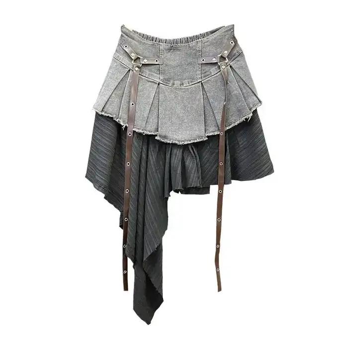 Jupe en jean d'été femmes taille haute a-ligne jupe plissée rétro épissé mode jupe pour fille chaude