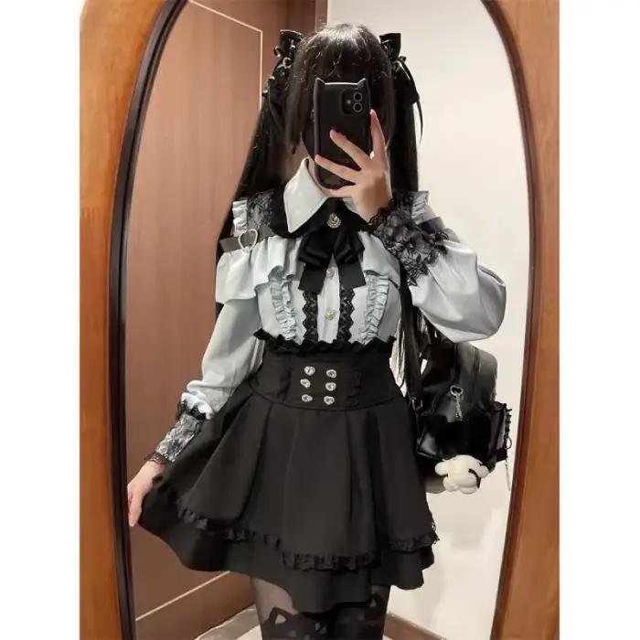 Ensemble Lolita pour femmes, haut en maille et jupe cintrée à la taille, cordon de Style de rue japo