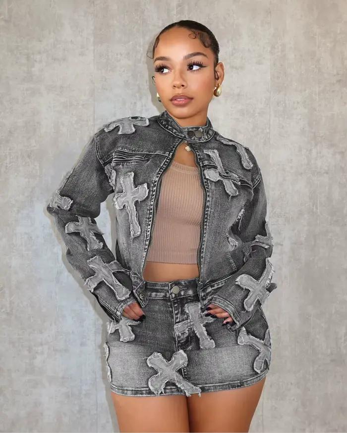 Ensemble jupe en jean pour femmes, Streetwear, Sexy, élégant, deux pièces, ensemble assorti pour Clu