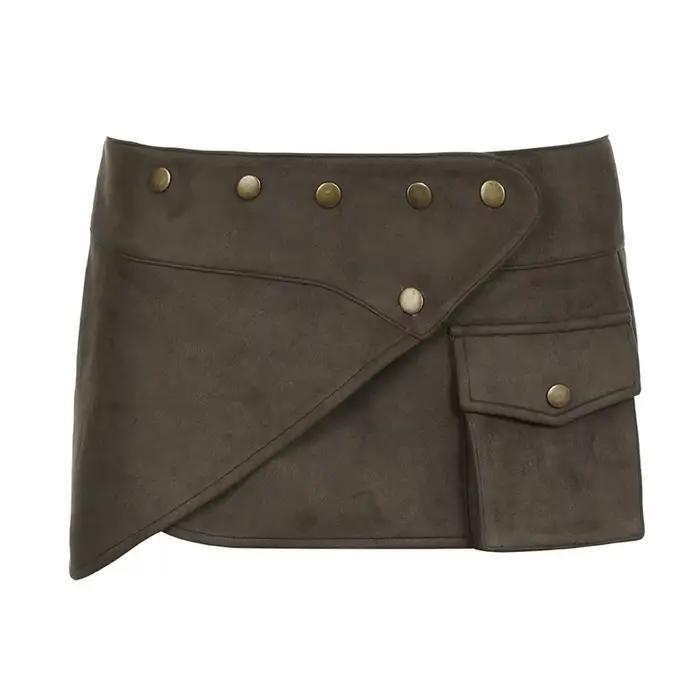 Mini-jupe asymétrique vintage en suède, style streetwear, avec grandes poches et rivets, taille bass