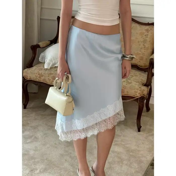 Jupe mi-longue d'été pour femmes, jupe vintage taille basse, jupe à bordure en dentelle, jupe irrégu