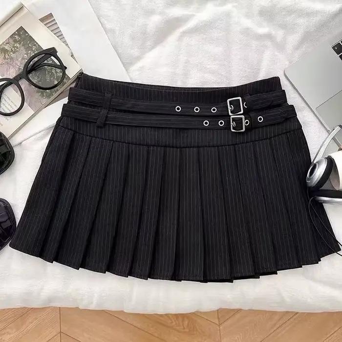 Mini-jupe rayée preppy pour femme, style coréen vintage, avec ceinture, jupe plissée douce pour étud