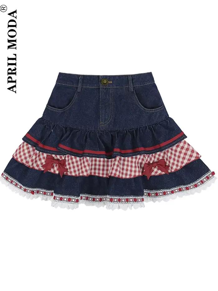 Jupe en jean Lolita douce pour filles, Y2K, mignonne, taille haute, décontractée, avec nœud, à plusi