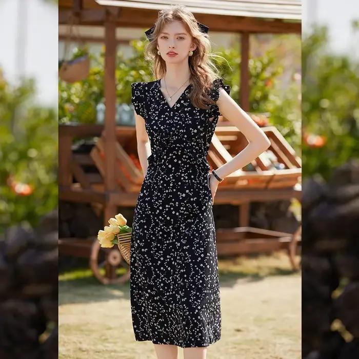 Jupe longue imprimée LOUIS YAO, style campagne française été 2025, jupe pour femme, col en V, bord à