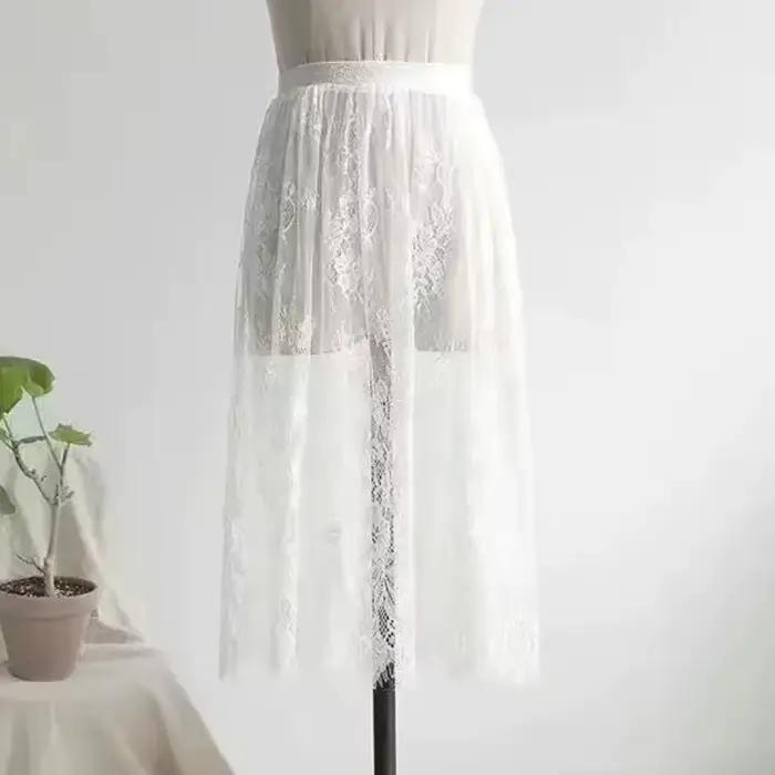 Transparent Sexy dentelle maille jupe élastique taille haute noir blanc Tulle Mini jupes femmes jupe