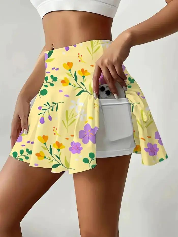 Mini jupe imprimée jaune taille haute pour filles, avec short intégré, jupe décontractée à poches él