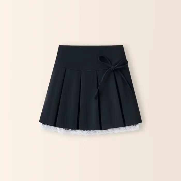 Mini jupe plissée noire gothique pour femmes, patchwork de dentelle, nœuds mignons, vêtements de pat