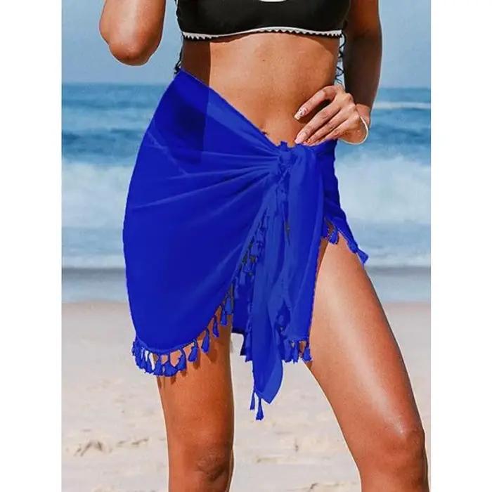 Jupe portefeuille asymétrique à franges pour femme, paréo en mousseline de soie transparente, style 