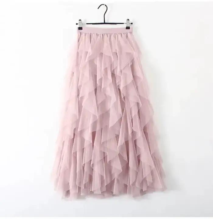 Jupe longue plissée évasée en tulle et gaze à taille haute élastique pour femme, nouvelle collection