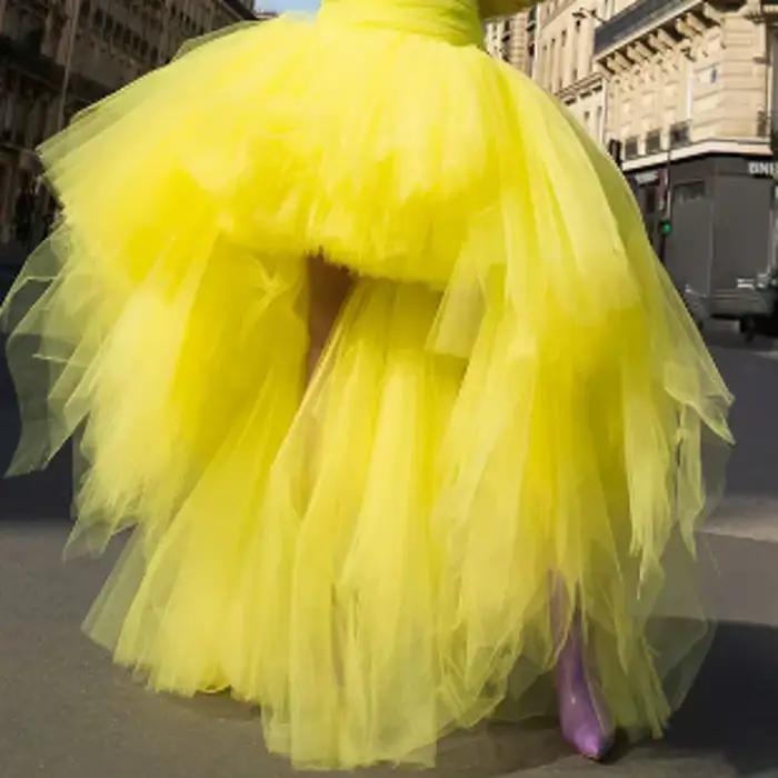 Jupes de fête en tulle jaune vif et moelleux, asymétriques, pour femmes, jupes de danse longues maxi