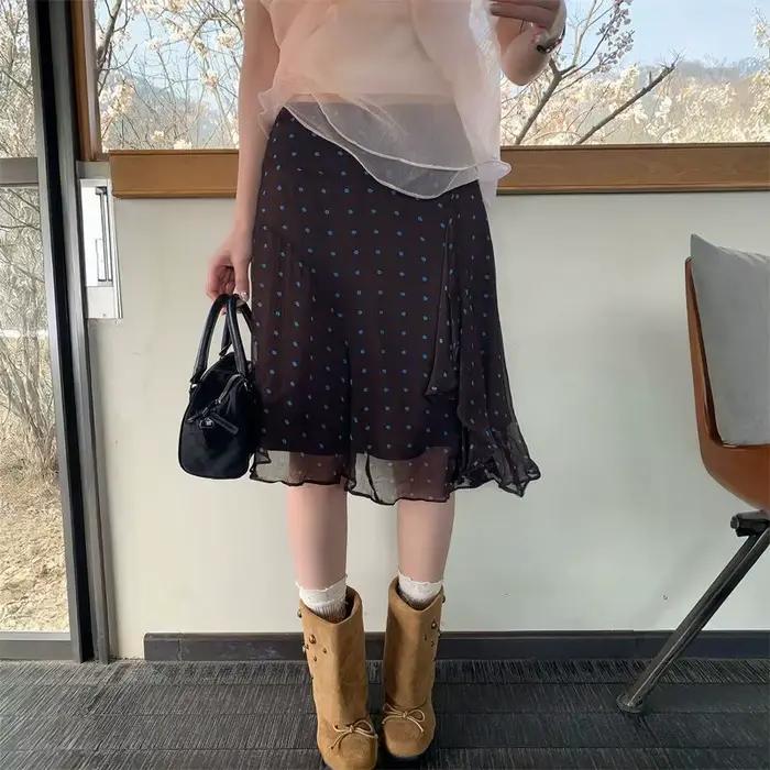 Jupe midi en mousseline de soie transparente à volants irréguliers et imprimé pois taille haute pour