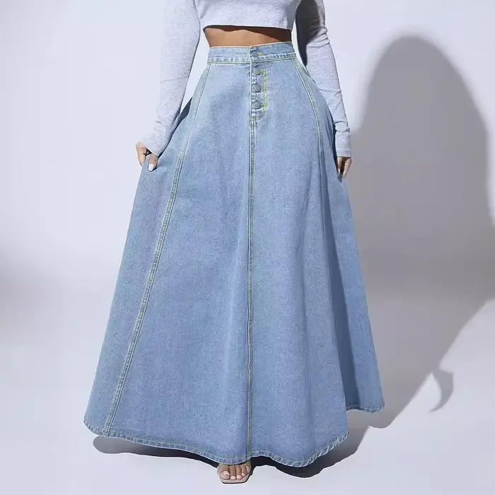 Jupe longue en jean pour femmes, ligne A, simple boutonnage, taille haute, Vintage, Maxi, Simple, dé