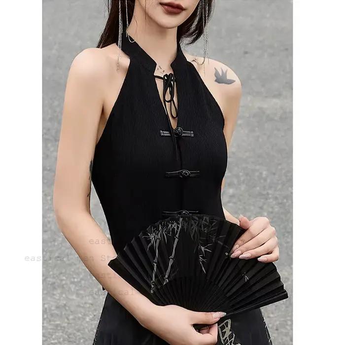 Jupe noire améliorée avec visage de cheval, ensemble Hanfu, haut Qipao Sexy sans manches pour femmes