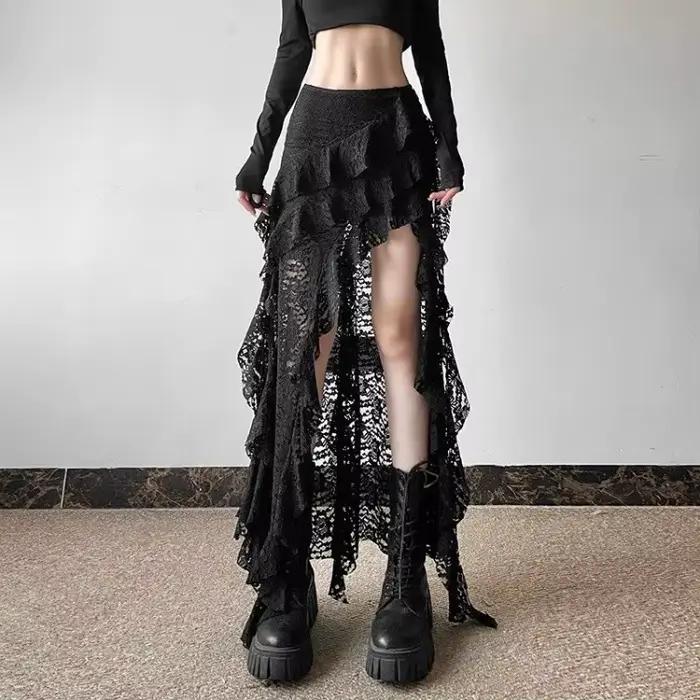 Jupe noire en dentelle Patchwork à volants pour femmes Y2k Grunge taille haute jupe irrégulière 2025