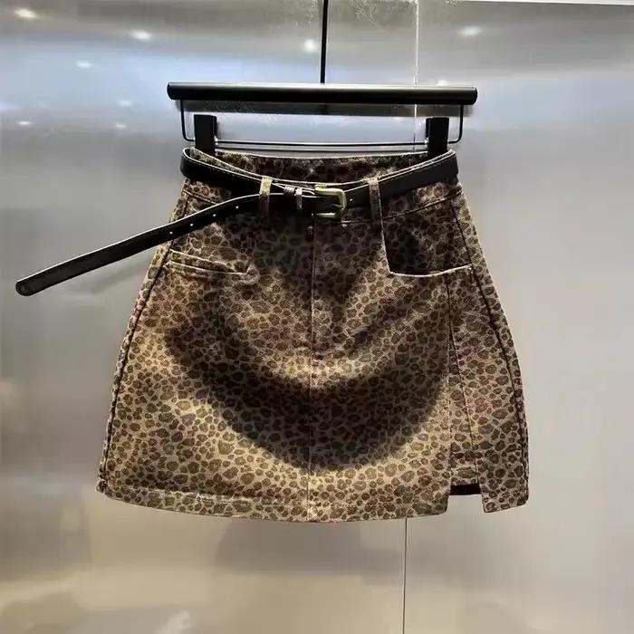Jupe en jean léopard Sexy pour femmes, taille haute, ligne A, Mini jupes automne-hiver, Vintage amér