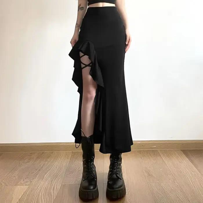 Jupe mi-longue taille haute pour femme, jupes trapèze fendues à volants, streetwear gothique, noir, 
