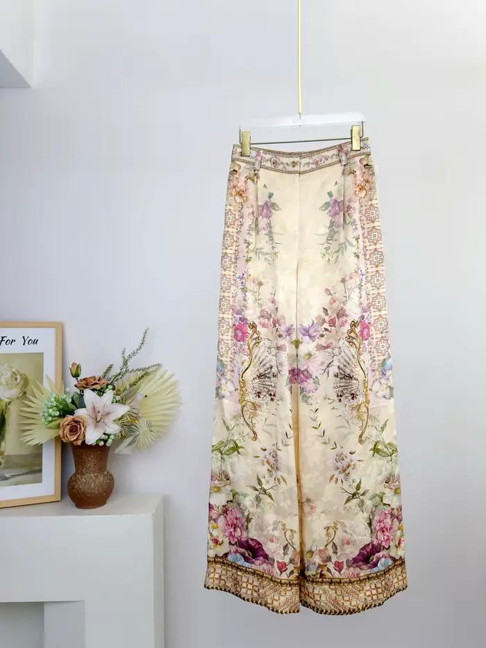 Robe longue en soie pour femme, imprimé floral, col en V, manches lanternes, ornée de perles, coupe 