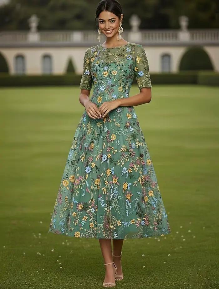 Robe de cocktail rose personnalisée pour invitée de mariage, manches mi-longues, col rond, élégante,