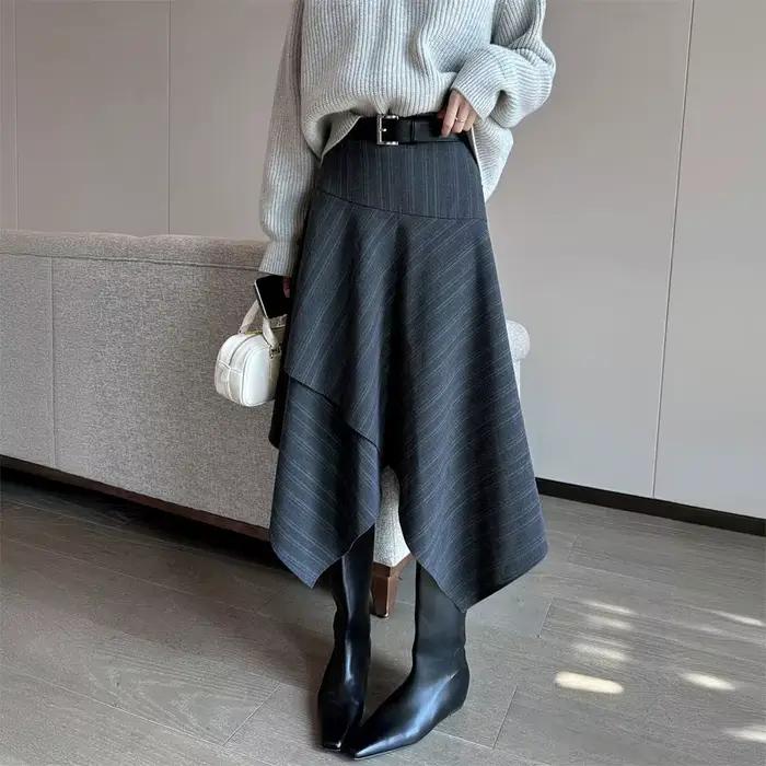 Jupe grise taille haute à rayures irrégulières pour femmes, nouvelle jupe trapèze à la mode pour les