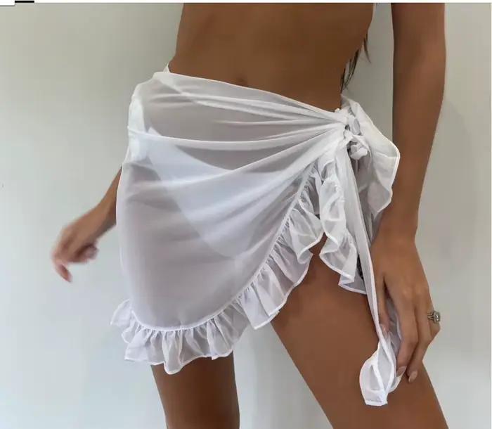 Jupe courte de plage pour femme, cache-maillot sexy en mousseline, paréo, sarong, jupe transparente 