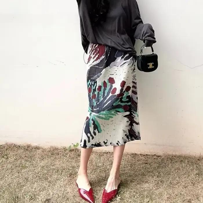 Jupe mi-longue à imprimé floral vintage pour femmes, jupes plissées fendues élégantes, jupe trapèze 