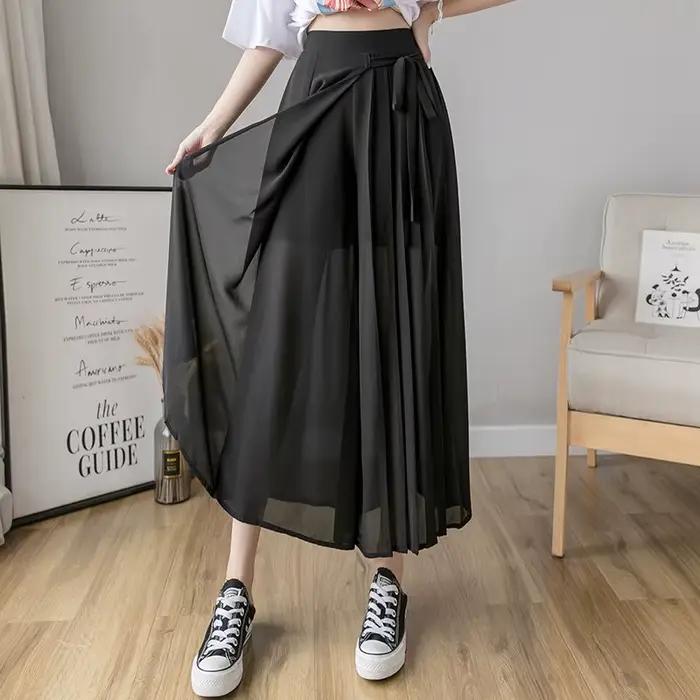Jupe plissée en mousseline de soie pour femmes, taille haute, décontractée, jambes larges, mode Stre