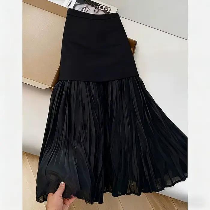 Jupe plissée noire à empiècements pour femme, nouvelle collection printemps-été, taille haute, coupe