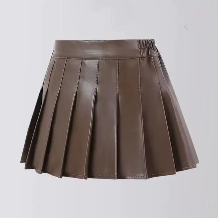 Jupe plissée en cuir PU pour filles, vêtements taille haute pour adolescentes, jupes JK grande taill