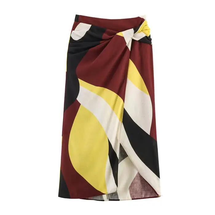 Jupe midi imprimée vintage sexy TFMLN pour femme, élégante, avec fente latérale et volants, longue, 