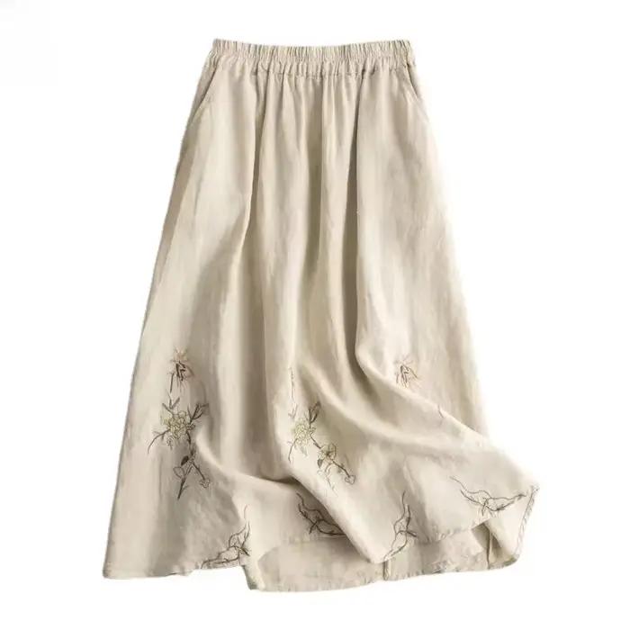 Jupe en coton et lin brodée pour femmes, nouveau Style, Vintage, grande jupe large, longueur moyenne