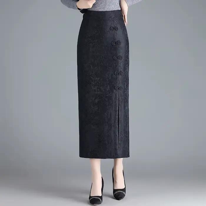 ZUZK Jacquard Noble élégant longue jupe droite nouvelle taille élastique mince automne femmes rétro 