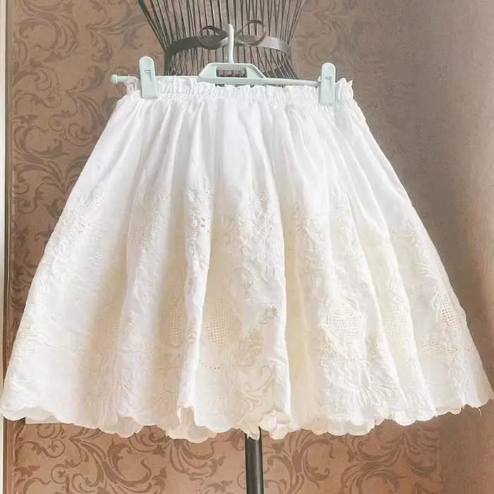Jupe mi-longue en coton brodé floral vintage pour femmes, jupes taille élastique, printemps, été, 20