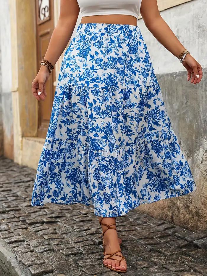 Jupe mi-longue élégante à imprimé floral pour femmes, grande taille, mode décontractée, taille haute