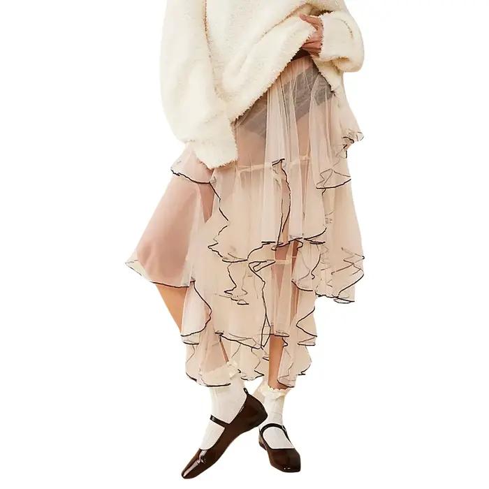 Jupe en tulle transparent pour femme, tenue décontractée, irrégulière, superposée, à volants, élasti